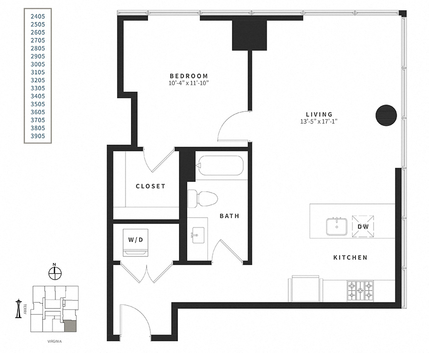Floor plan for 1 bed, 1 bath, 780 sqft